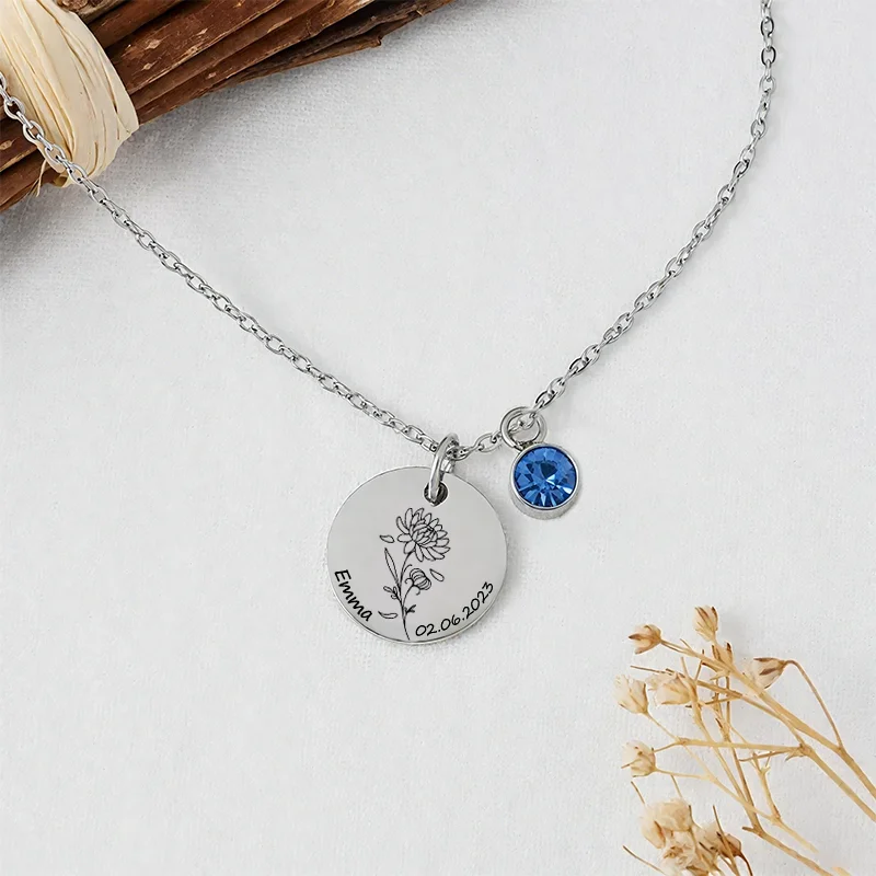 Collane con ciondolo fiore con pietre portafortuna personalizzate per donna, incisione personalizzata, testo sul retro, regalo di gioielli per la fidanzata madre