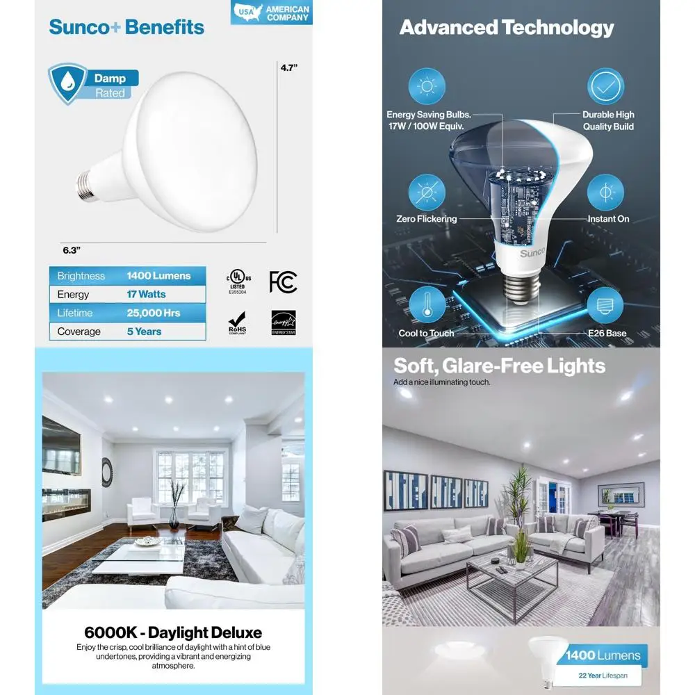 

Набор из 16 светодиодных ламп BR40, 1400 люмен, 17 Вт, 6000K, дневной свет, с регулировкой яркости, цоколь E26, для дома, спальни, кухни, сертифицировано UL