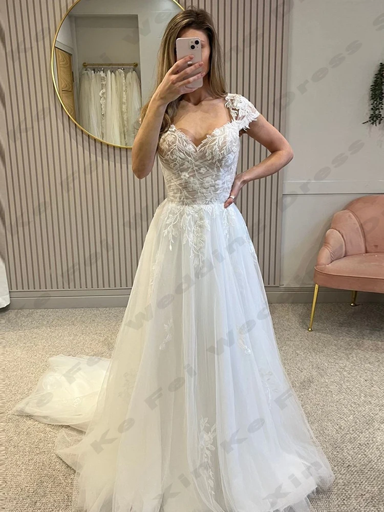 Vestidos de casamento boêmios femininos, Applique de renda, Linha A, Princesa na praia, vestidos de noiva, robe elegante, 2021