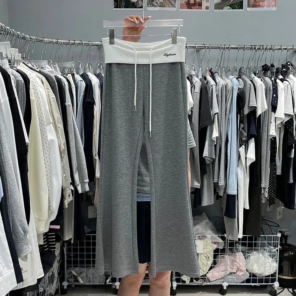 Summer 2026 Korean Style Wide Leg Pants Letter Embroidery Color Block Waist Design Casual Sensation Micro Flared Trousers