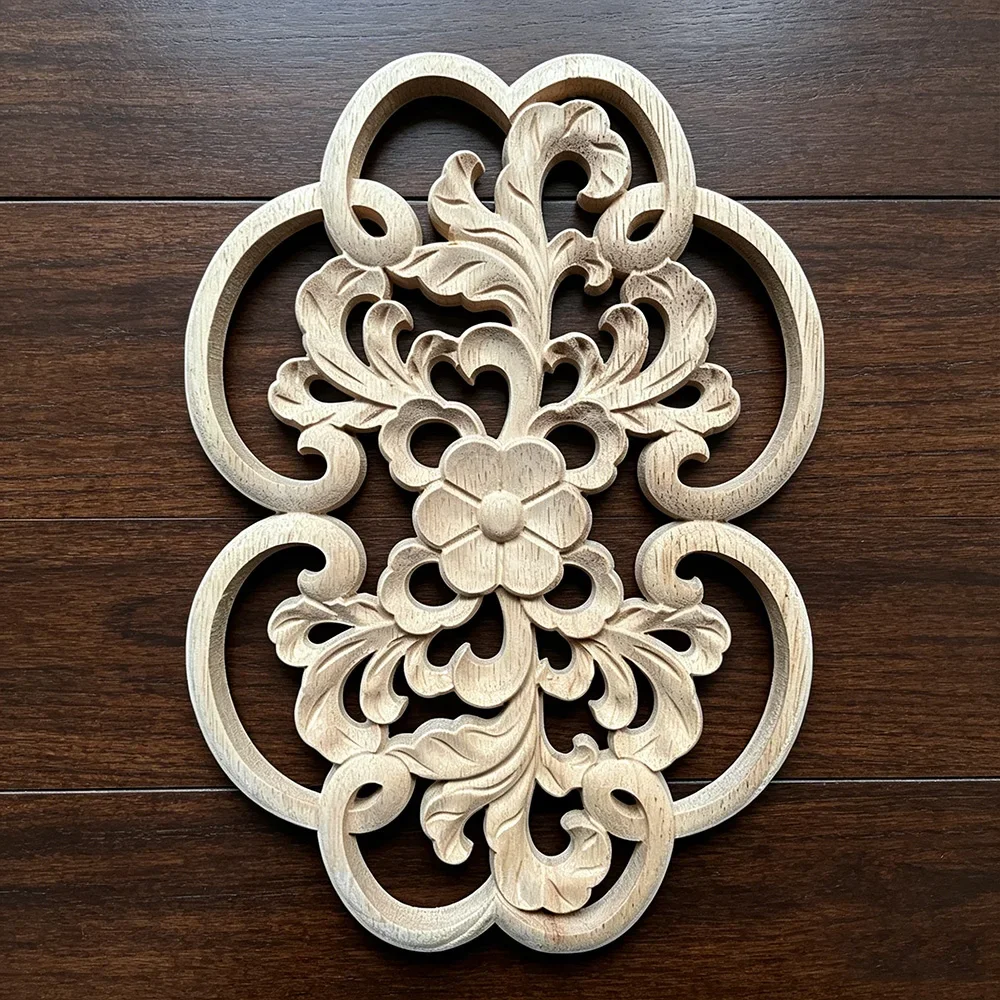 24cm Solid Wood Door Heart Flower Carved Applique Onlay Woodcarving Oval Hollow Decal Home Furniture Decor Ornament