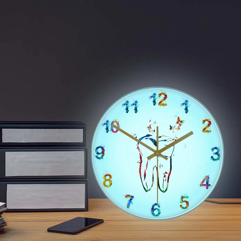 Watercolor Tooth With Butterflies LED Lighted Clock Bedside Wall Lamp Dental Clinic Decor Dentist Clock Neon Light Display Sign