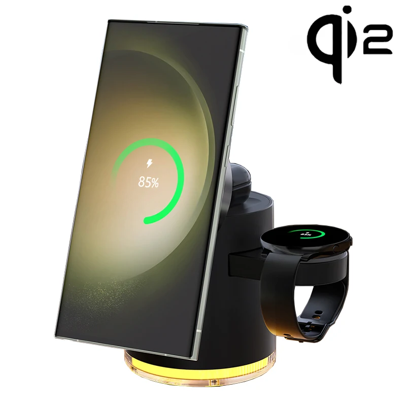 360° Rotation Qi2 3 in 1 Universal Magnetic Wireless Charging Stand LED Night Light For iPhone 16 15 14 13 Samsung Watch Airpods