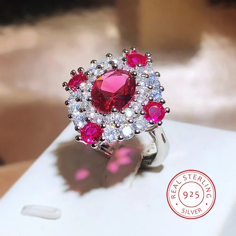 Classic Banquet Party Jewelry S925 Pure Red Gemstone Ring Light Luxury Shiny AAAA Full Diamond Zircon Ladies Anniversary Jewelry