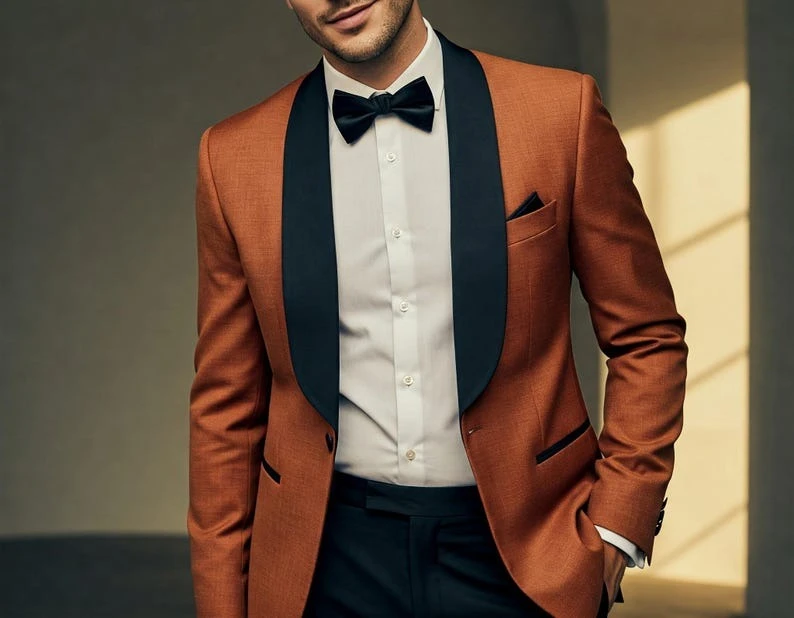

Men's Burnt Orange Tuxedo Suit Custom Tailored Wedding Formal Wear