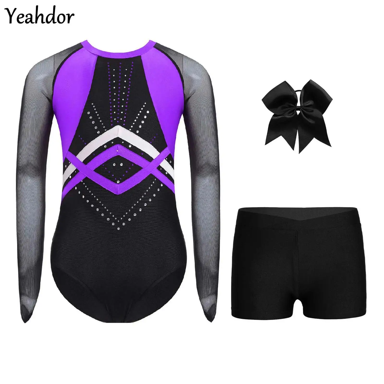

Teen Girls Long Sleeve Ballet Dance Outfit Gymnastics Leotard Sheer Mesh Color Block Rhinestones Bodysuit with Shorts Headwear