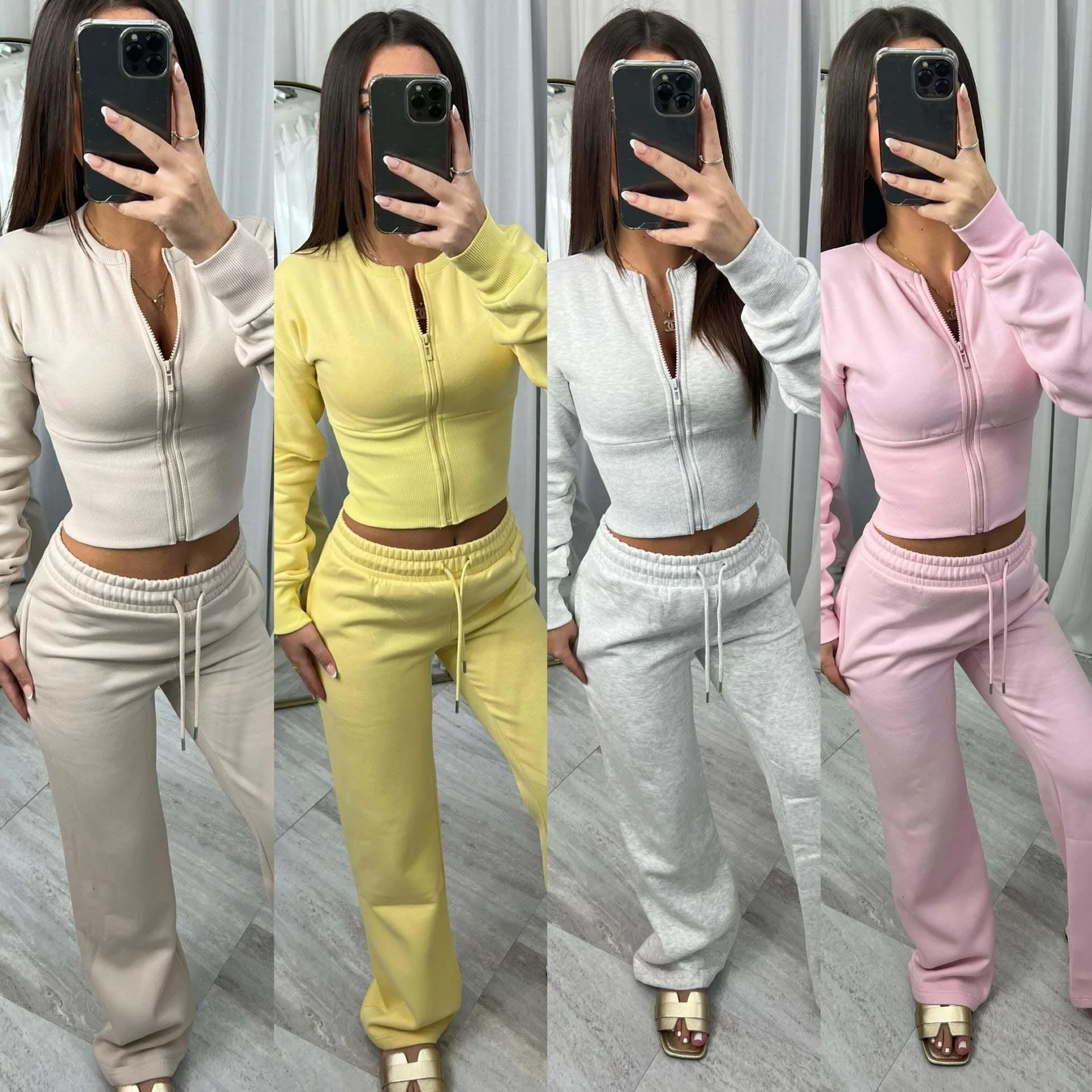 

Трансграничный повседневный модный комплект, однотонные свободные брюки на молнии, осенне-зимняя коллекция, комплект из толстовки и брюк с эластичной резинкой на талии