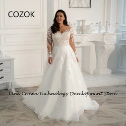 COZOK White Full Sleeve Wedding Dresses for Women 2024 Summer Soft Tulle Bridal Gowns with Lace New Button Back Vestidos De