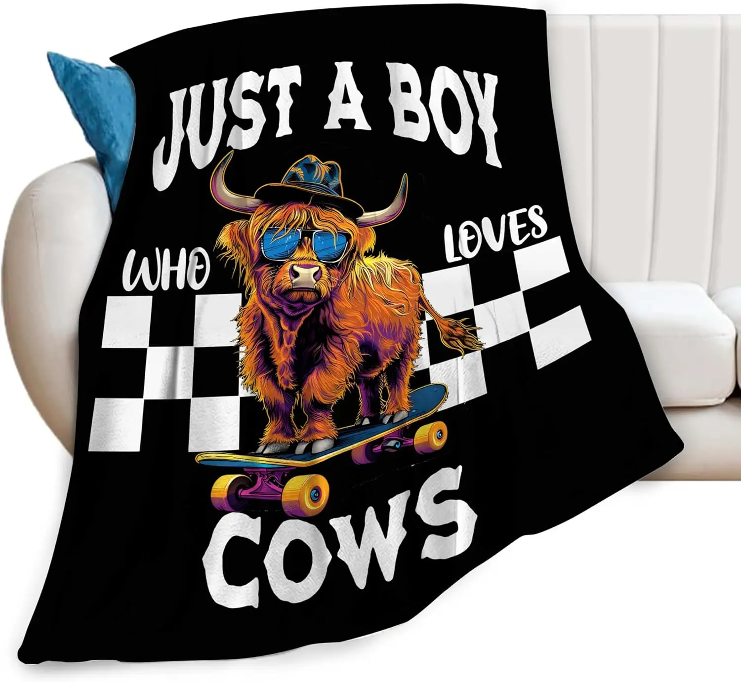 Funny Cow Lovers Throw Blanket Home Decor Fleece Couch Decor Skateboard Gift for Boy Boys Room Novelty Decor