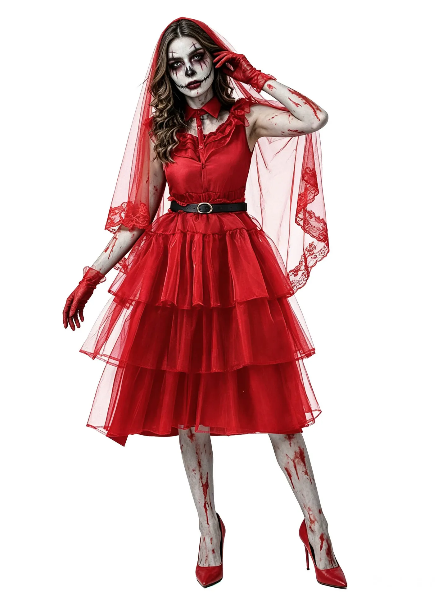 Halloween Blutfleck Zombie Brautkleid Rotes Ärmelloses Netzrock Horror-Themenparty Club Nacht Spitzen-Schleier Cosplay-Kostüm – Detail 4