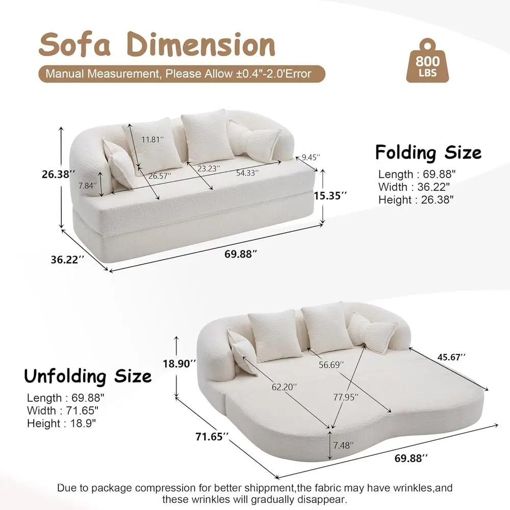 70 Convertible Sofa Bed, 2-in-1 Sleeper Couch, Chenille Upholstered Loveseat with 4 Pillows, Ideal for Small Spaces, Living Room image 2