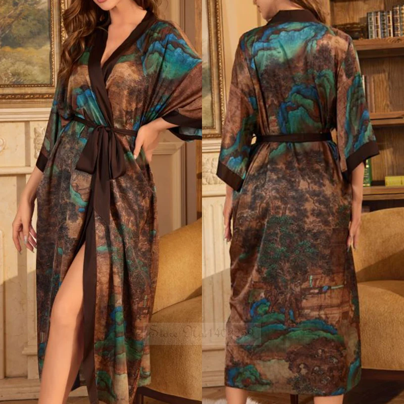 Female Long Robe Nightgown Spring Summer Half Kimono Bathrobe Gown Print Sleepwear Home Dressing Gown Loose Satin Lounge Wear