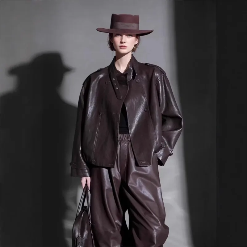 Fashionable stand-up collar versatile motorcycle style cool short leather women's trip new