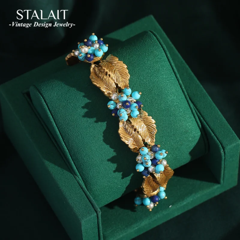 

Luxury Woman Leaves Charm Bracelet Italian Designer Boho Blue Beads Pearl Handmade Jewelry Women's Accessories Christmas Gifts