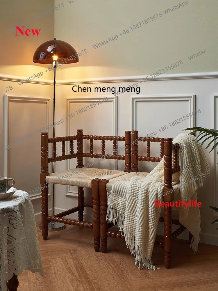 02A Retro solid wood corner chair hand-woven carved armrest, casual chair