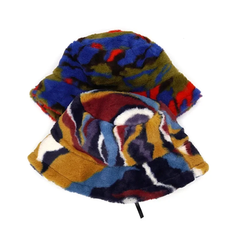 Autumn Winter Faux Fur Bucket Hats Women Girl Camouflage Striped Warm Soft Velvet Fluffy Fisherman Hat Ladies Outdoor Panama