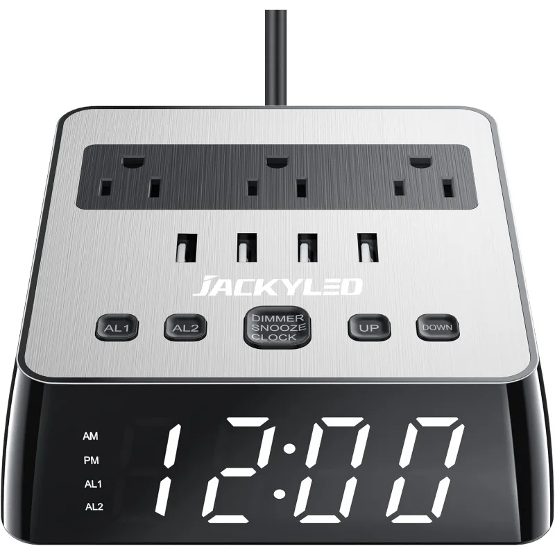 

JACKYLED Alarm Clock with USB Charger Power Strip Total 4.8A USB Ports LED Full Screen Surge Protector 6.5ft Cord