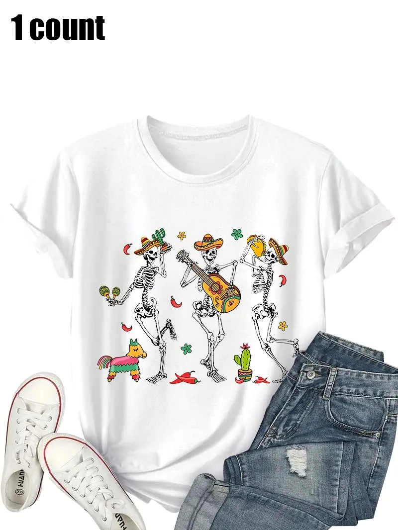 プラスサイズのレディース T シャツ、メキシコ スケルトン バンド プリント フォーク アート カジュアル ストリートウェア トップ