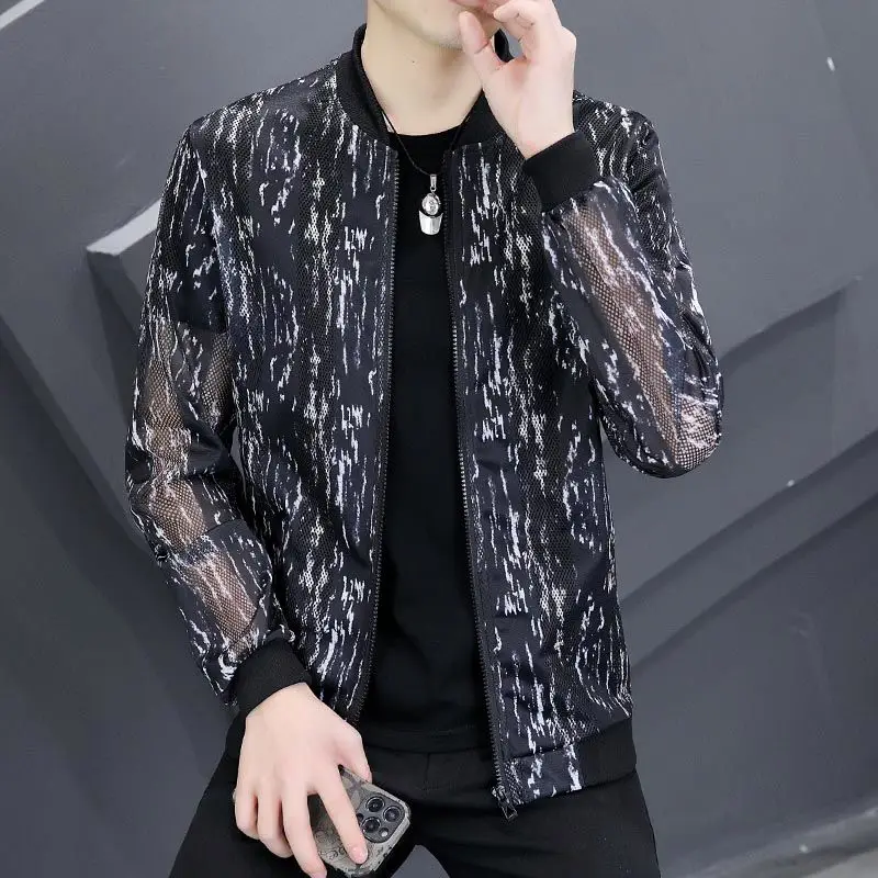 Spring Summer New Thin Style Sunscreen Clothing Man Fashion Printing Long Sleeve Cardigan Men Round Neck Zipper Hollow Out Coat