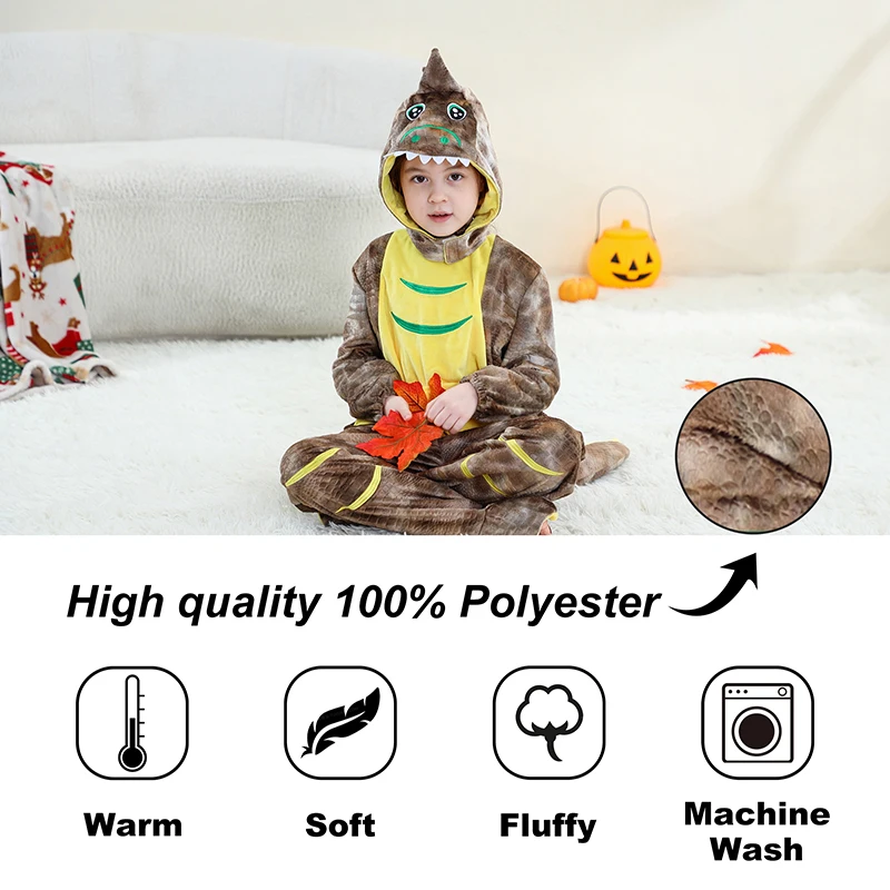 بدلة تنكري رائعة للهالوين من ميشلي تي ريكس ملابس ديناصور بقلنسوة ناعمة مرقطة للأطفال والبنات والأولاد والحفلات المدرسية #5