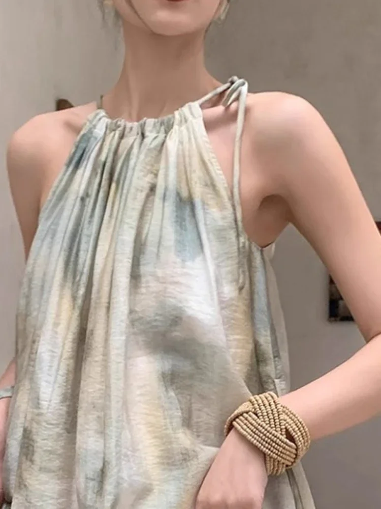 

Vestidos De Mujer 2022, макси-бандажное платье с лямкой на шее, Y2k, женская туника без рукавов, халат с принтом тай-дай, женское темпераментное свободное летнее платье