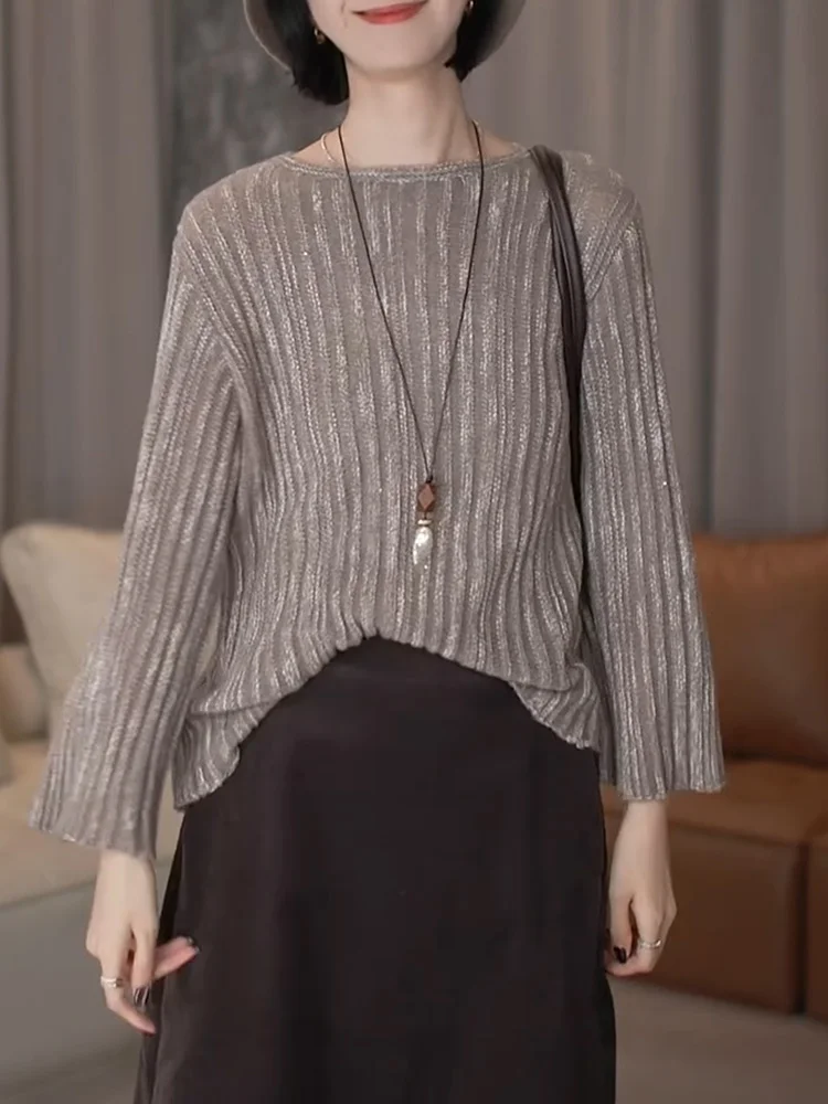 

Ele round Ne Sparkling Knitwear Women's plus Size Sweater Slimming Top Commute Sle Korean Loose Fit Long Sve