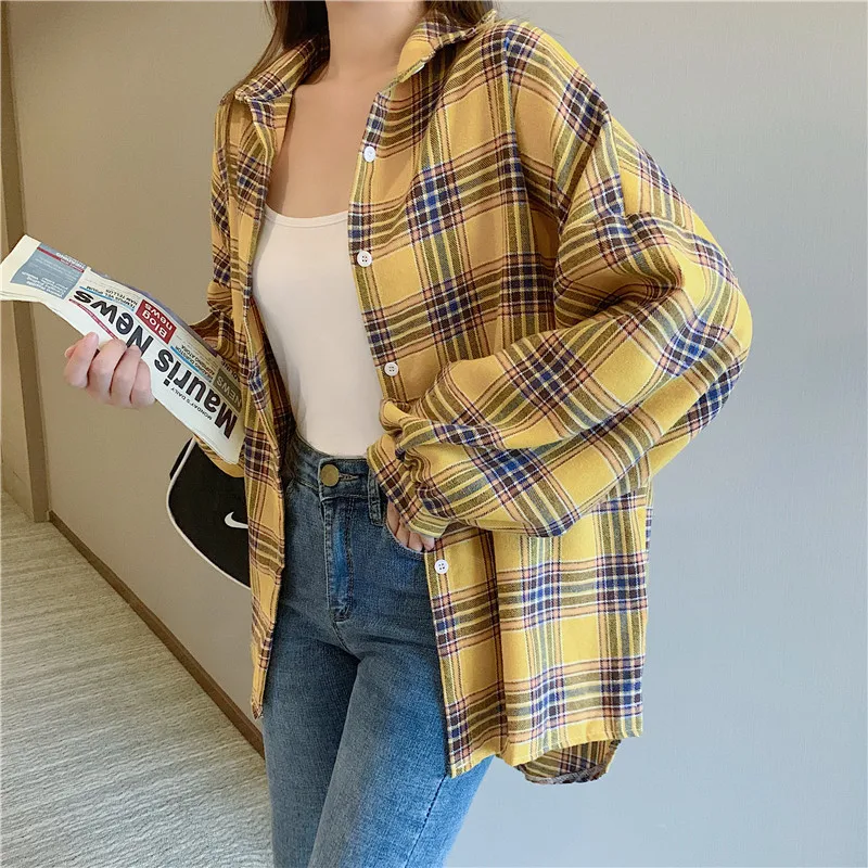 

Желтая клетчатая рубашка для женщин, свободная рубашка на пуговицах с длинными рукавами, блузка, женский однобортный топ, женские рубашки в клетку в консервативном стиле
