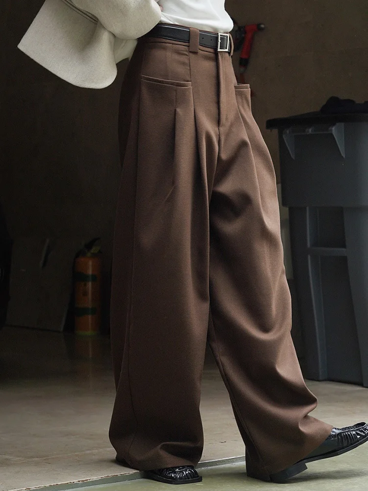 [EAM] High Waist Brown Pleated Casual Long Wide Leg Pants New Loose Fit Trousers Women Fashion Tide Spring Autumn 2024 1DF4423