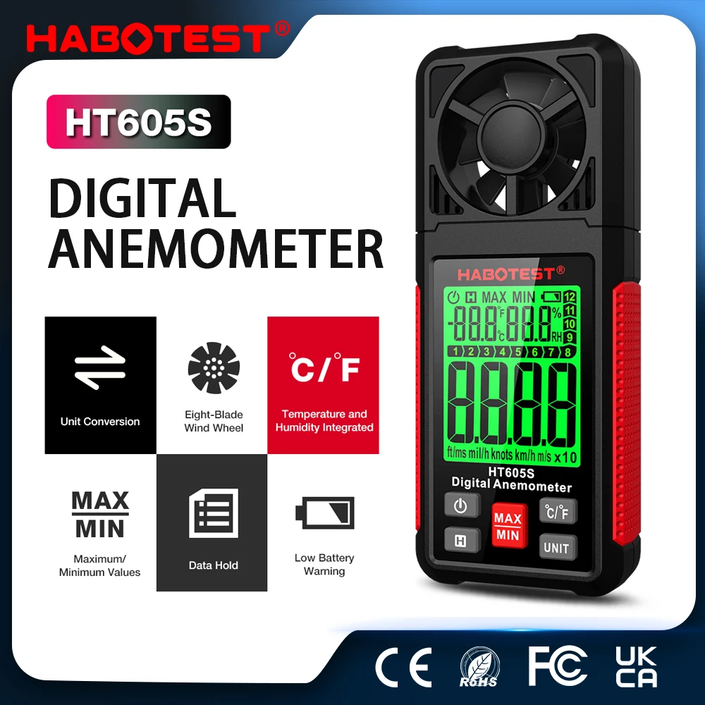 HABOTEST HT605 605s Digital Anemometer Portable Wind Speed Meter Windmeter LCD Backlight Display Temperature Humidity Meter