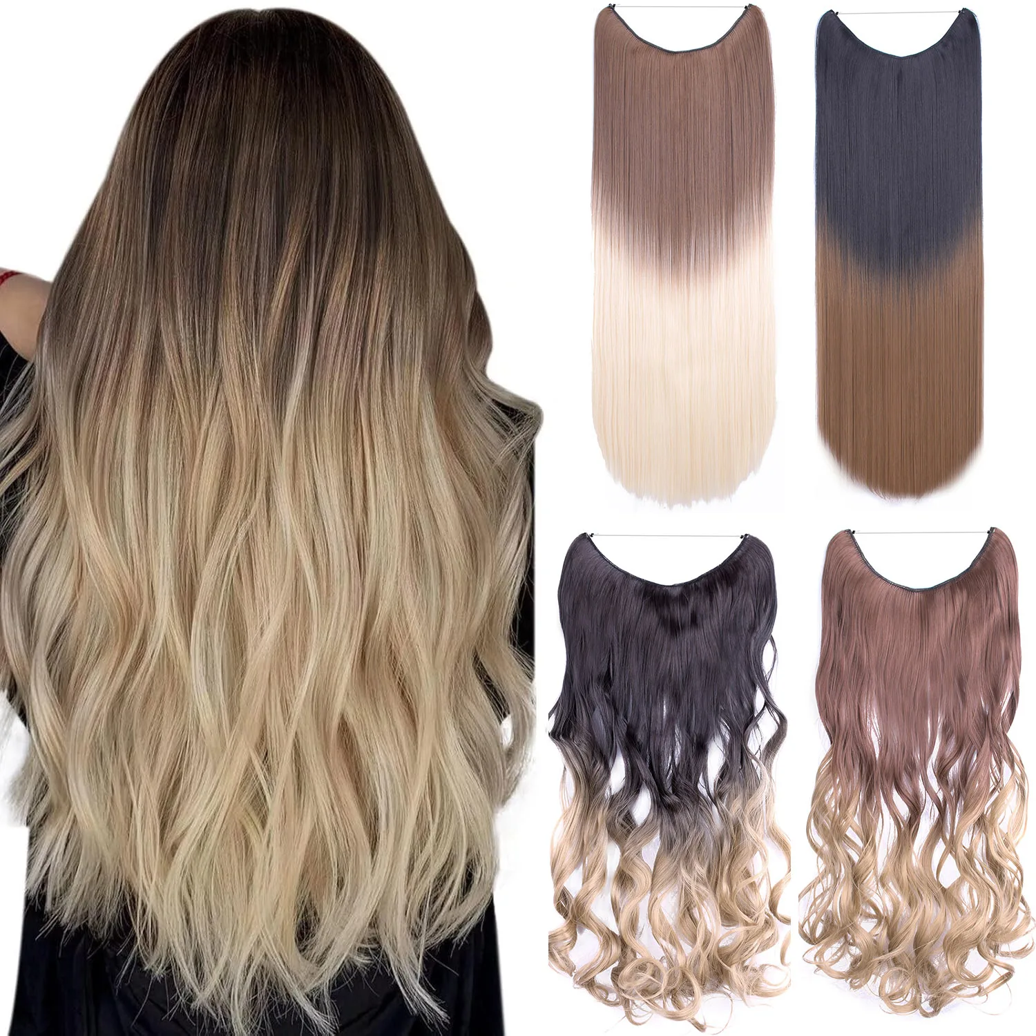 Jeedou Invisible Hair Extension One Piece Ombre Wire Straight Wavy Synthetic Hairpiece