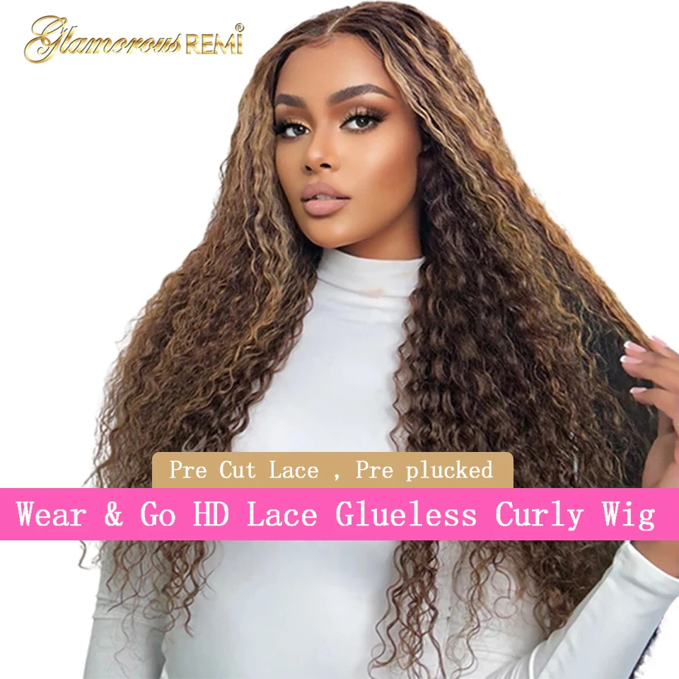 

Wear And Go Glueless Blonde Curly Highlight Wigs Preplucked Pre Cut Lace Brazilian Honey Blonde Curly Lace Front Wigs Density180