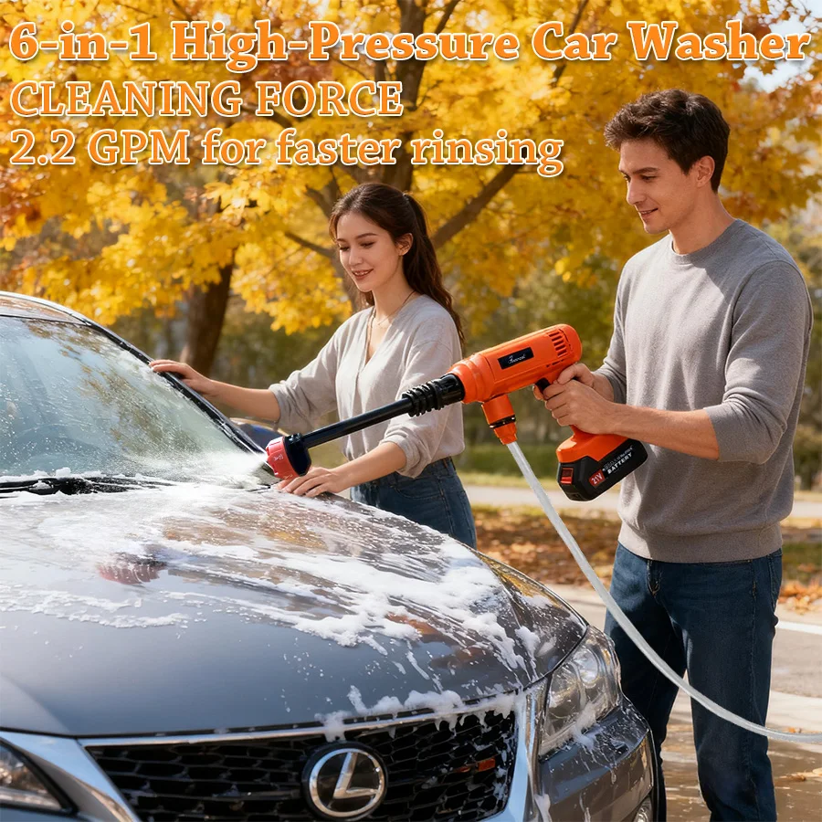 New 6-in-1 Portable Cordless High Pressure Car Wash Gun, Double High Capacity Lithium Battery for Car, Yard and Garden Cleaning
