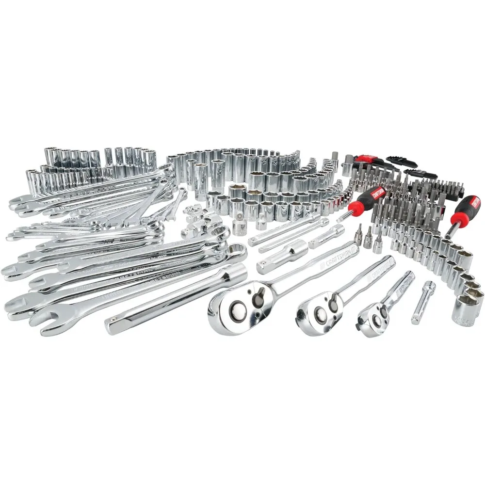 

Mechanic Tool Set, 1/4 in, 3/8 in, and 1/2 in Drive, Includes Ratchets, Sockets, Hex Keys and Wrenches, 308 Pieces