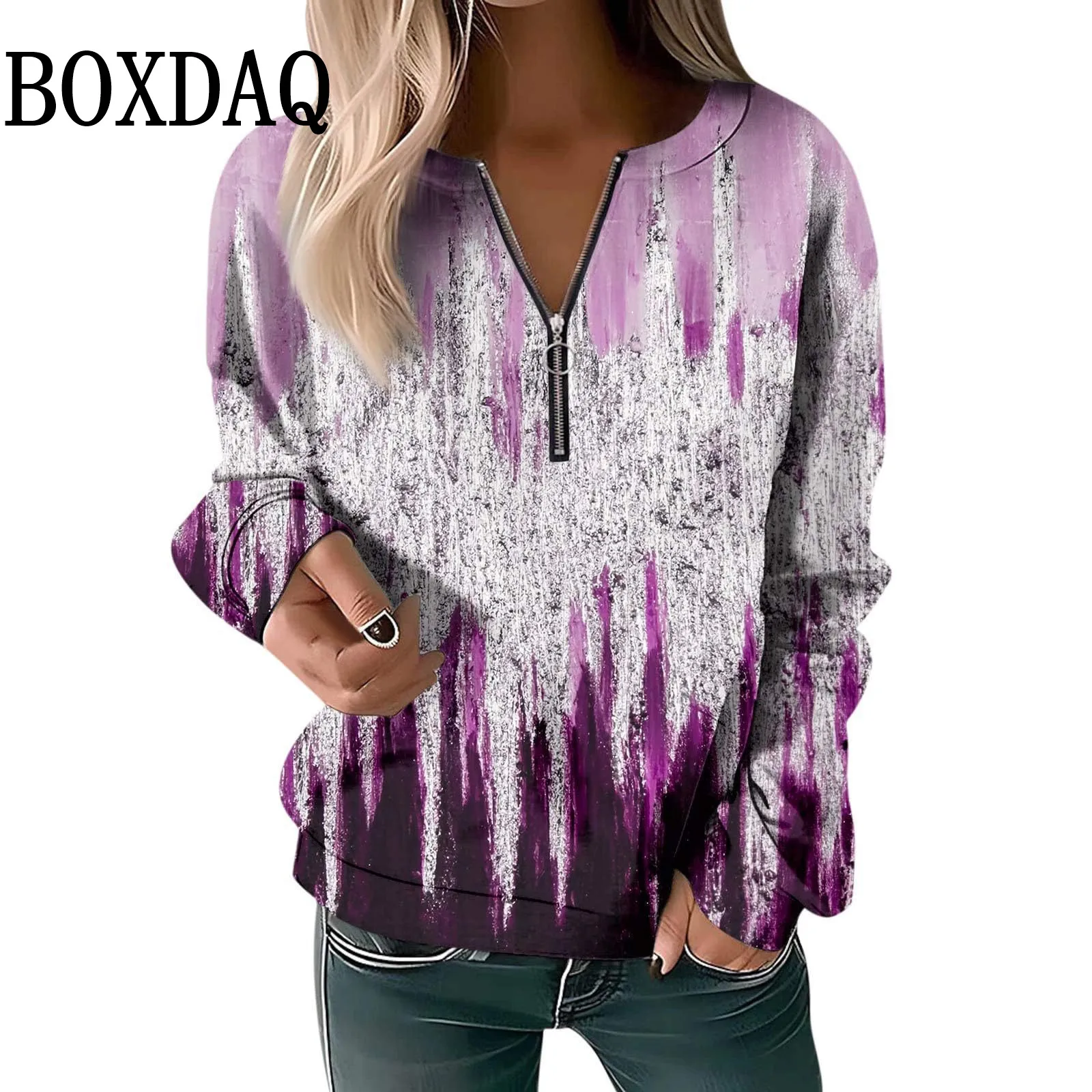 Women's Zipper Collar Long Sleeve Sweatshirts Autumn Fashion Striped Plaid Patchwork Hoodie Tops Casual V-Neck Ladies Clothes