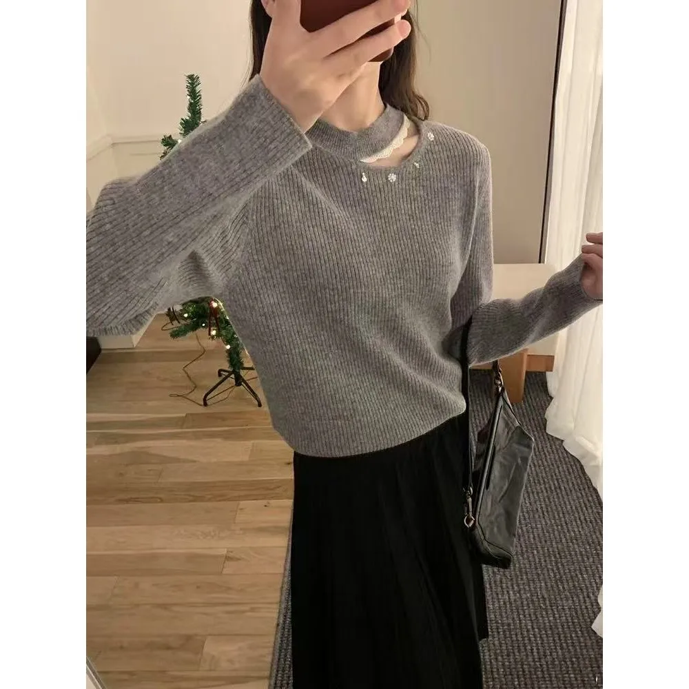 

Women Bottom Knit Shoulder Cutout With Diamond Lace Round Neck Knitted Sweater Fashion Women Slim Clothes