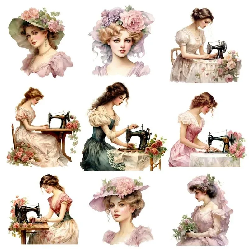 Stickers Hand-painted Watercolor Retro Victoria Sewing Machine Girl Stickers DIY Scrapbook Diary  Project Decoration  Vintage