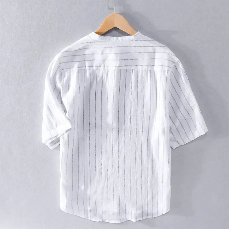 Fashionable Men's Tops Loose and Versatile Striped Stand Collar Short-sleeved Shirt for Men's Summer Fresh Breathable Pullover