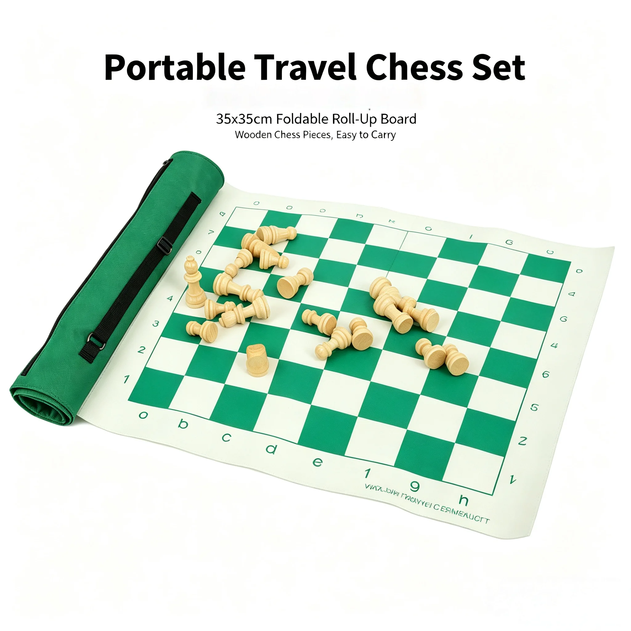 Portable Travel Chess Set 35x35cm, Foldable Roll-Up Chess Board with Green & White Wooden Pieces, Outdoor Family Board Game for