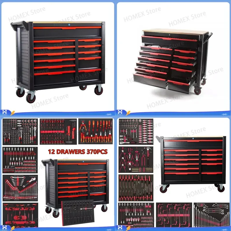 Heavy Duty 12 Drawer Tool Cart Rolling Storage Cabinet with Solid Oak Top Workbench Organizer for Garage Workshop Mechanics