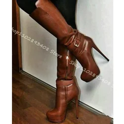 Braune Plattform Schnalle Dekor Stiletto Stiefel runde Zehen Seite Reiß verschluss Frauen Schuhe Herbst Party Kleid Frauen Stiefel Zapatos Para Mujere