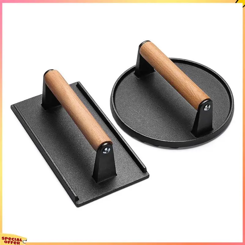 

ABFI Grill Plate Wood + Metal Heavy-Duty Cast Iron Smash Bacon Press Meat Steak With Wood Handle For Griddle, Sandwich