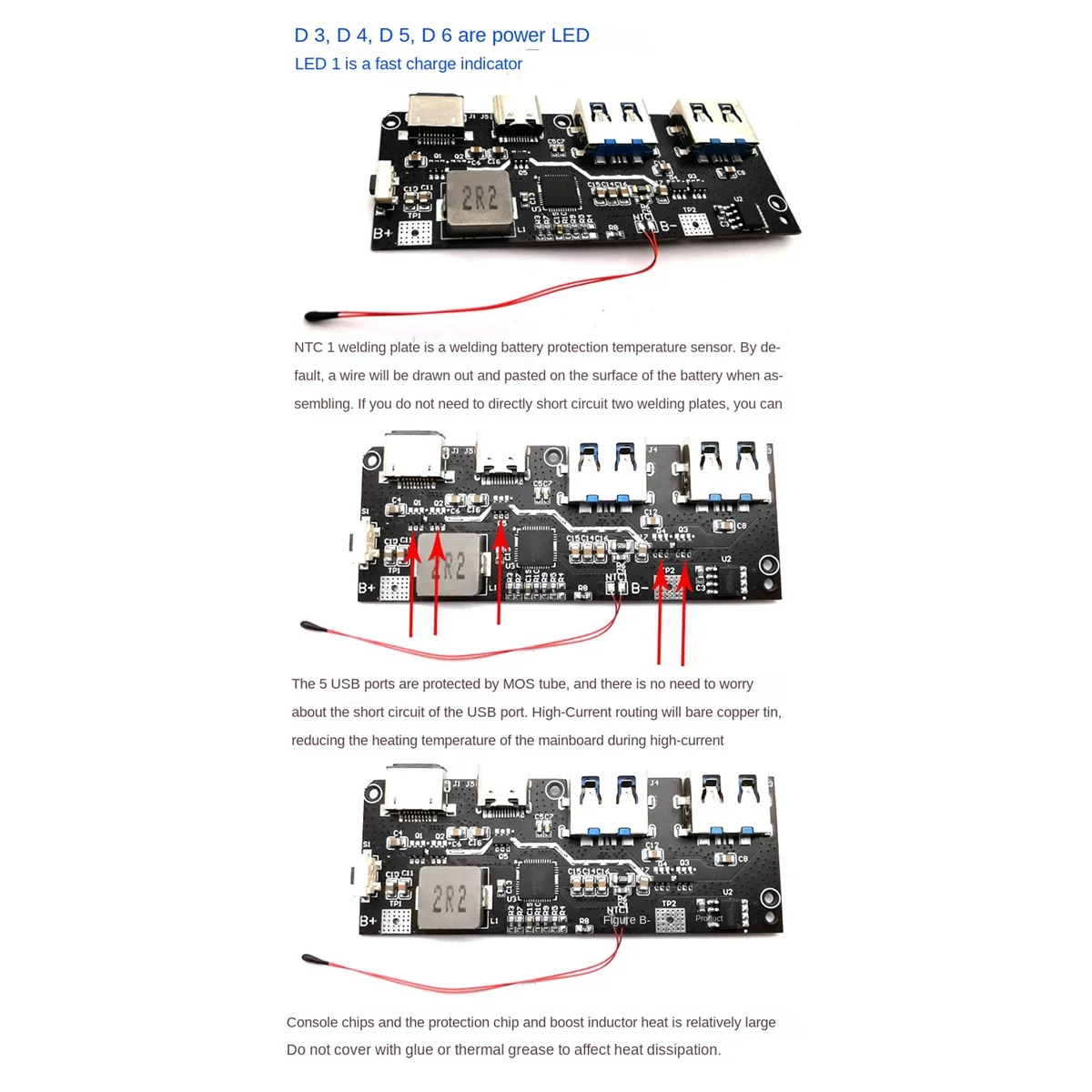 22.5W 5V 4.5A Type-C Micro-USB C 5-Port Powers Pack QC4.0+PD3.0 Two-Way Fast Charging Mobile Powers Module Circuit Board