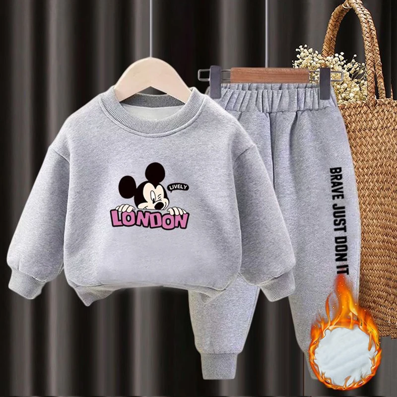 

Disney Kids Clothes Winter Boys Girls wool thickening Children Cartoon Round Neck Pants Two Piece Sports Suit Mickey 2-10Y