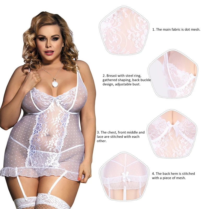 Ohyeahlady Mesh See Through Women Sexy Garter Lingerie Stretch Lace Nightdress With Underwire Plus Size Nightgown Babydoll Sets