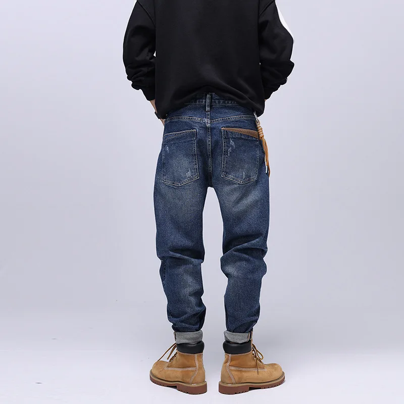 

Good quality European and American retro jeans boys loose straight stretch denim washed denim men's long pants baggy jeans