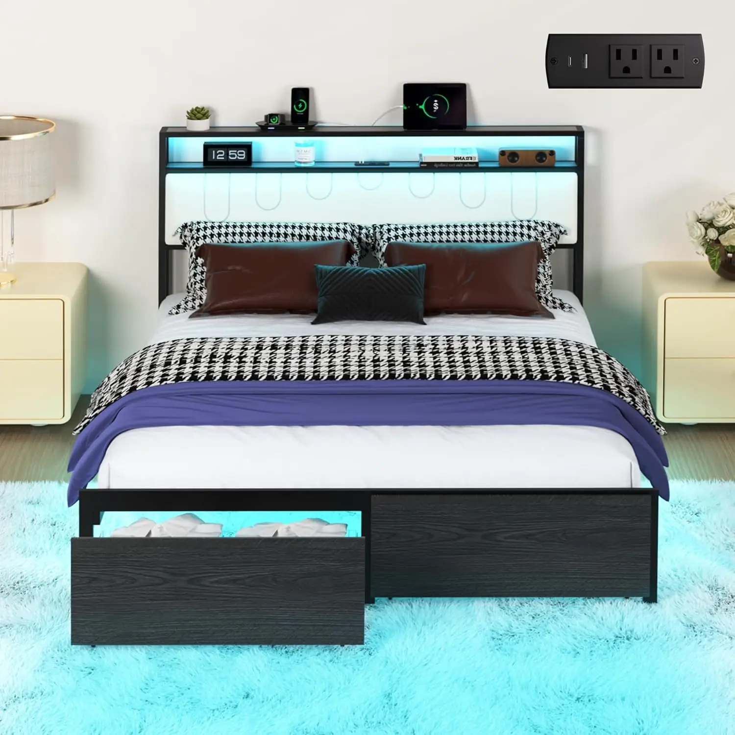 

Queen Bed Frame with Headboard, Metal Platform Frame with Smart LED Lights and USB Charging Station, Storage Drawers, Heavy Duty