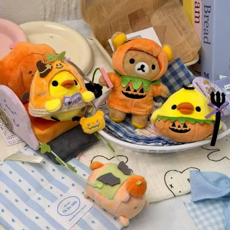 Kawaii Halloween Rilakkuma Kiiroitori jouets en peluche porte-clés créatif dessin animé citrouille chariot sac à dos pendentif amis cadeaux de vacances