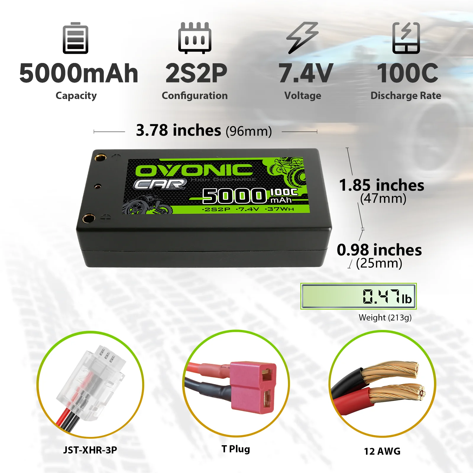 OVONIC Lipo-Akku 5000 mAh 100 C 7,4 V 2S RC mit Dean-Style T-Anschluss für RC-Flugzeug DJI Quadcopter RC-Flugzeug (2 Stück).
