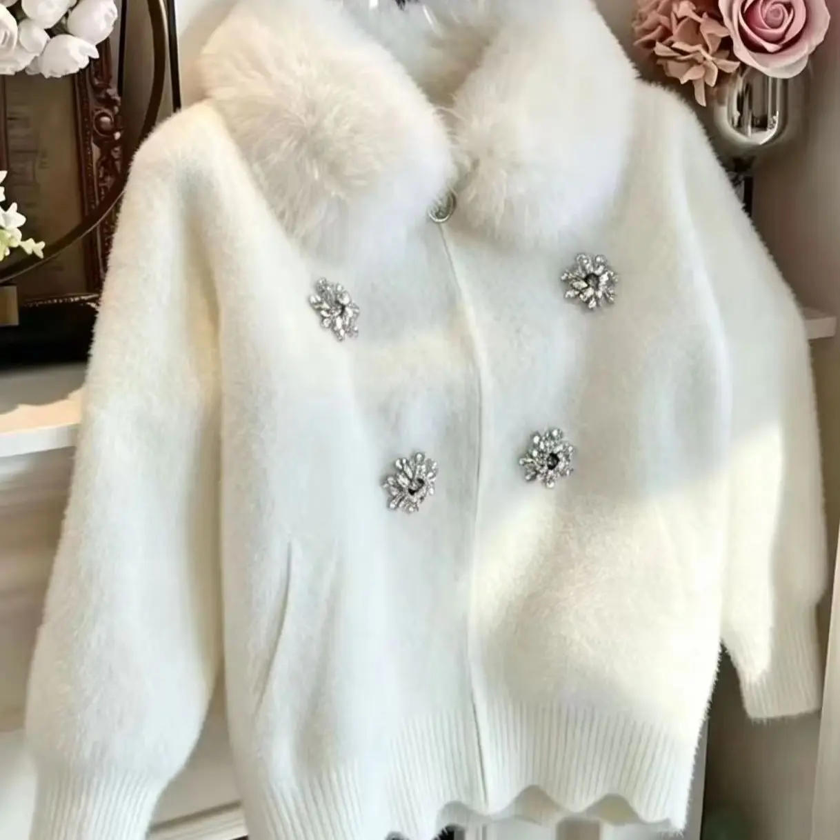 Winter Thick Warm Slim Fit Faux Fur Knitwear Coat Jacket Women's Handmade Diamonds Embroidery Knitted Sweater Outfit Clothe