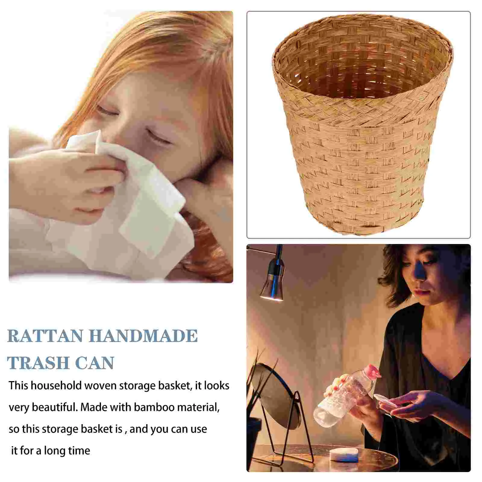 Rattan Handwoven Trash Can Household Wastebasket Bins Versatile Car Storage Bamboo Sundries